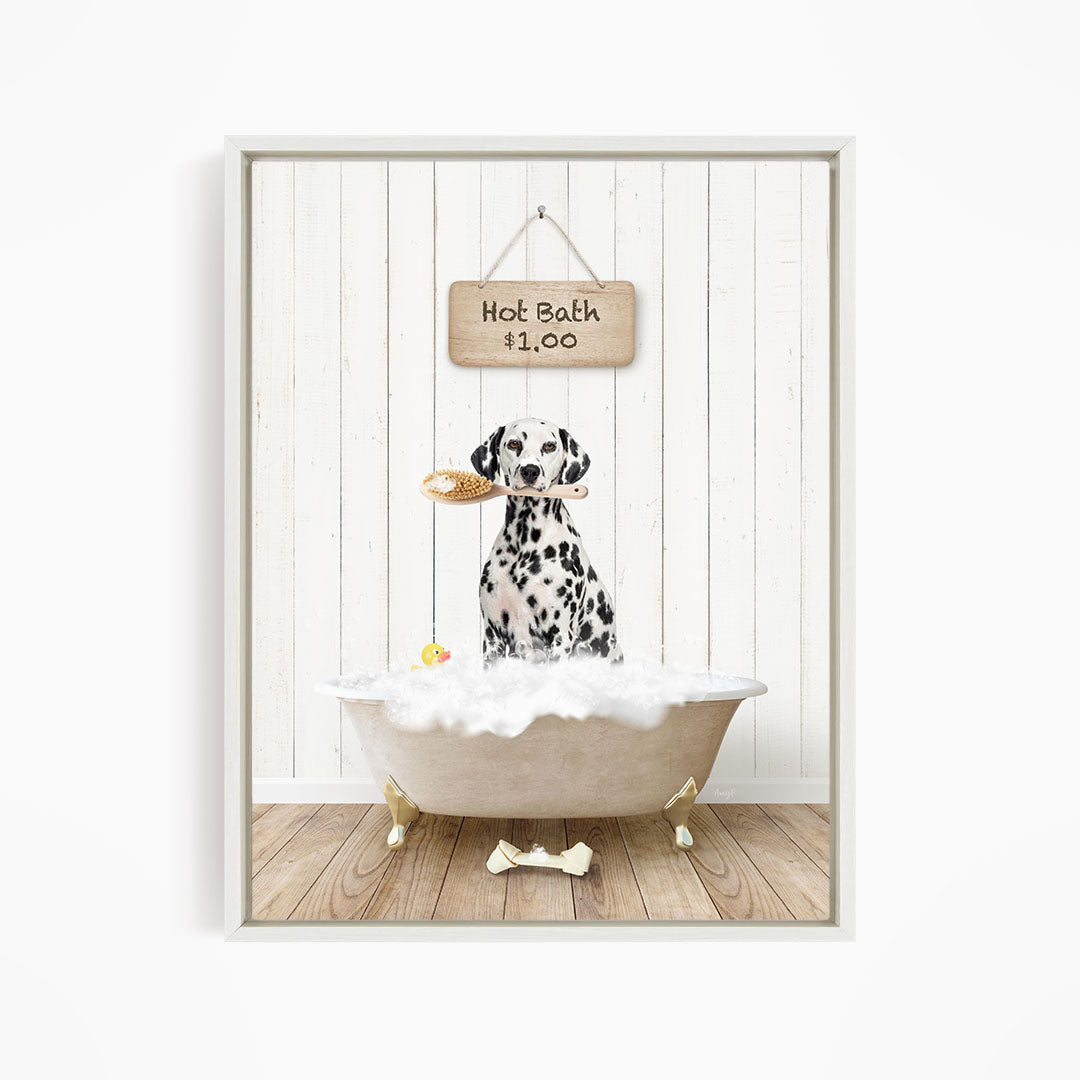 A Dalmatian dog sitting in a white bathtub, holding a toy in its mouth, with a sign above the bathtub that reads "Hot Bath $1.00".