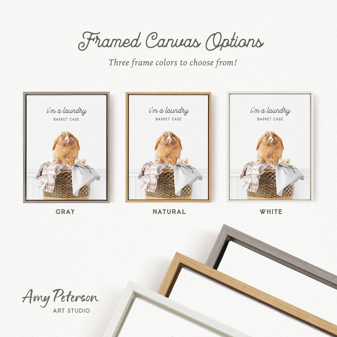 The image is a framed canvas option featuring three different colored frames with a picture of a rabbit in a basket.