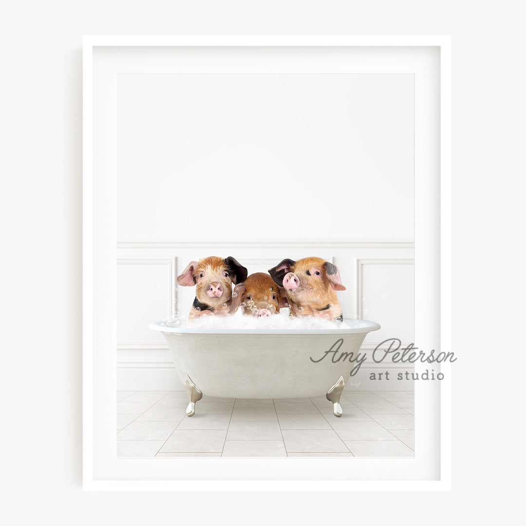 a group of three small dogs sitting in a bathtub