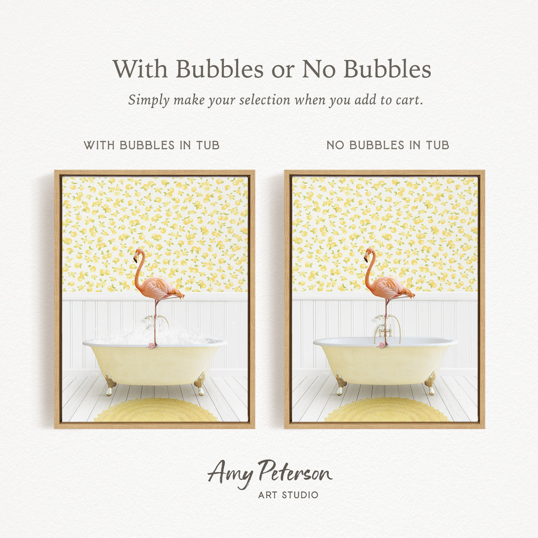 The image is a framed print featuring a pink flamingo standing on the edge of a white bathtub, with yellow flowers on the wall behind the tub. The print has a text overlay that provides instructions for selecting whether to include bubbles or not, and it is credited to Amy Peterson from Art Studio.