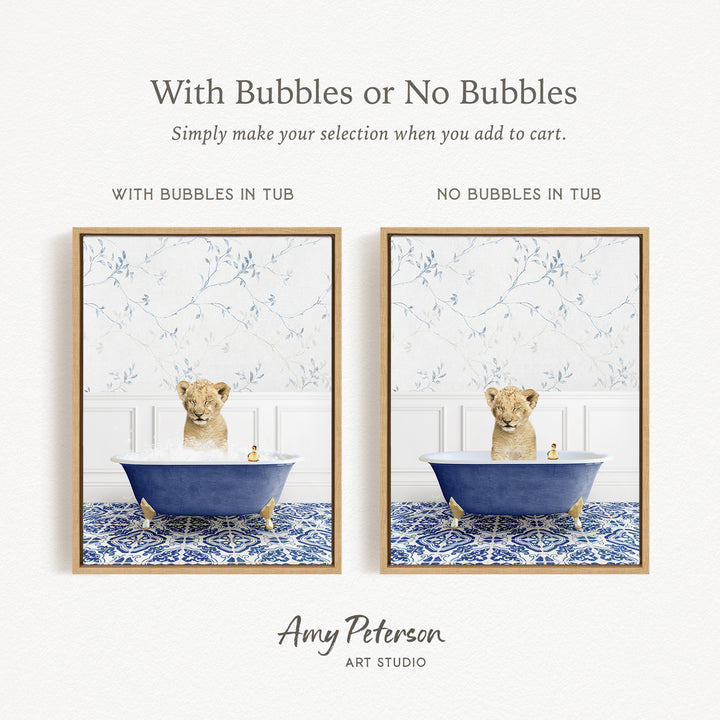 The image is a collage of two framed pictures, each depicting a lion sitting in a blue bathtub. The lion appears to be enjoying a bath, surrounded by bubbles. The collage is titled "With Bubbles or No Bubbles" and is created by Amy Peterson from Art Studio.