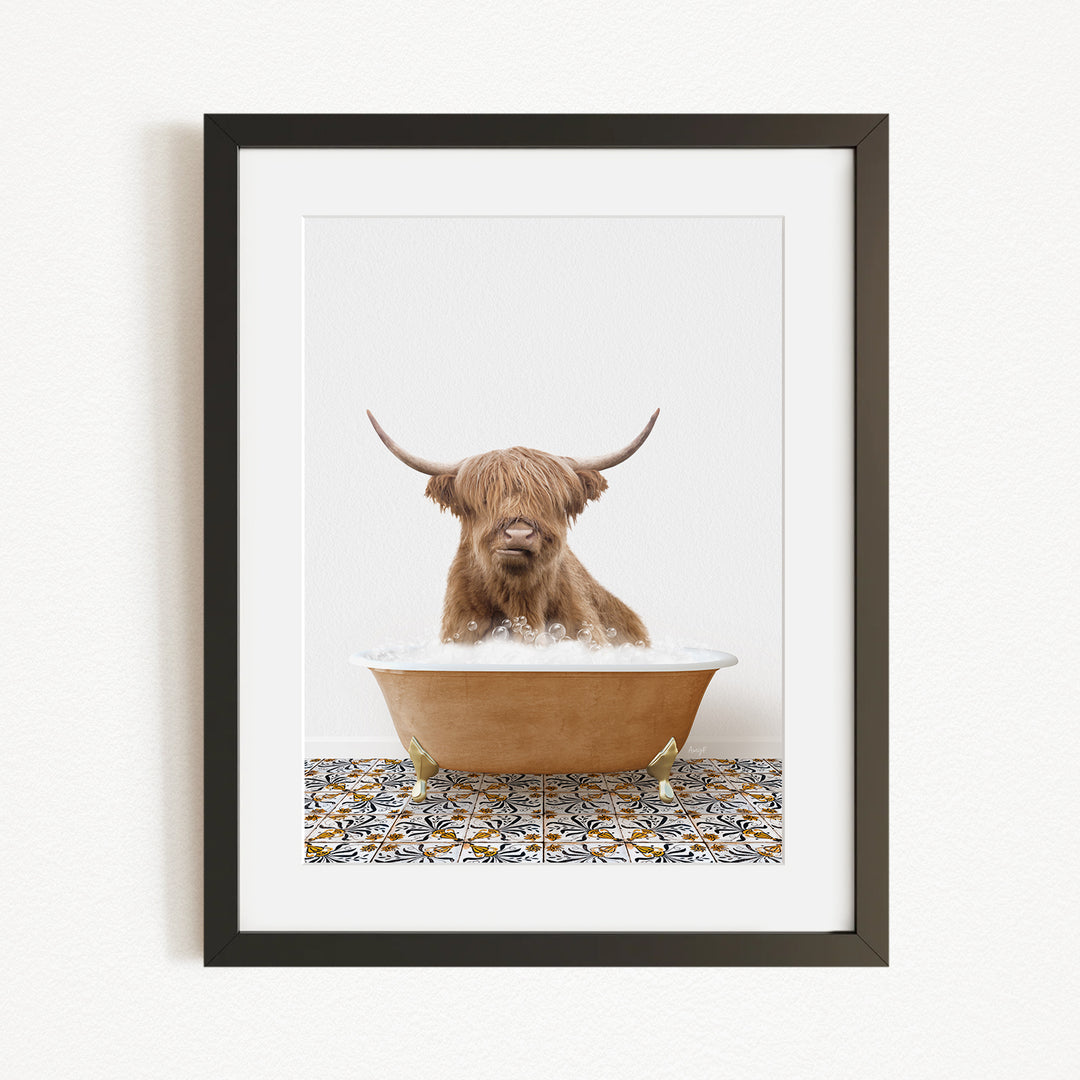 A Highland cow with long horns is sitting in a bathtub filled with water, creating a whimsical and playful scene.
