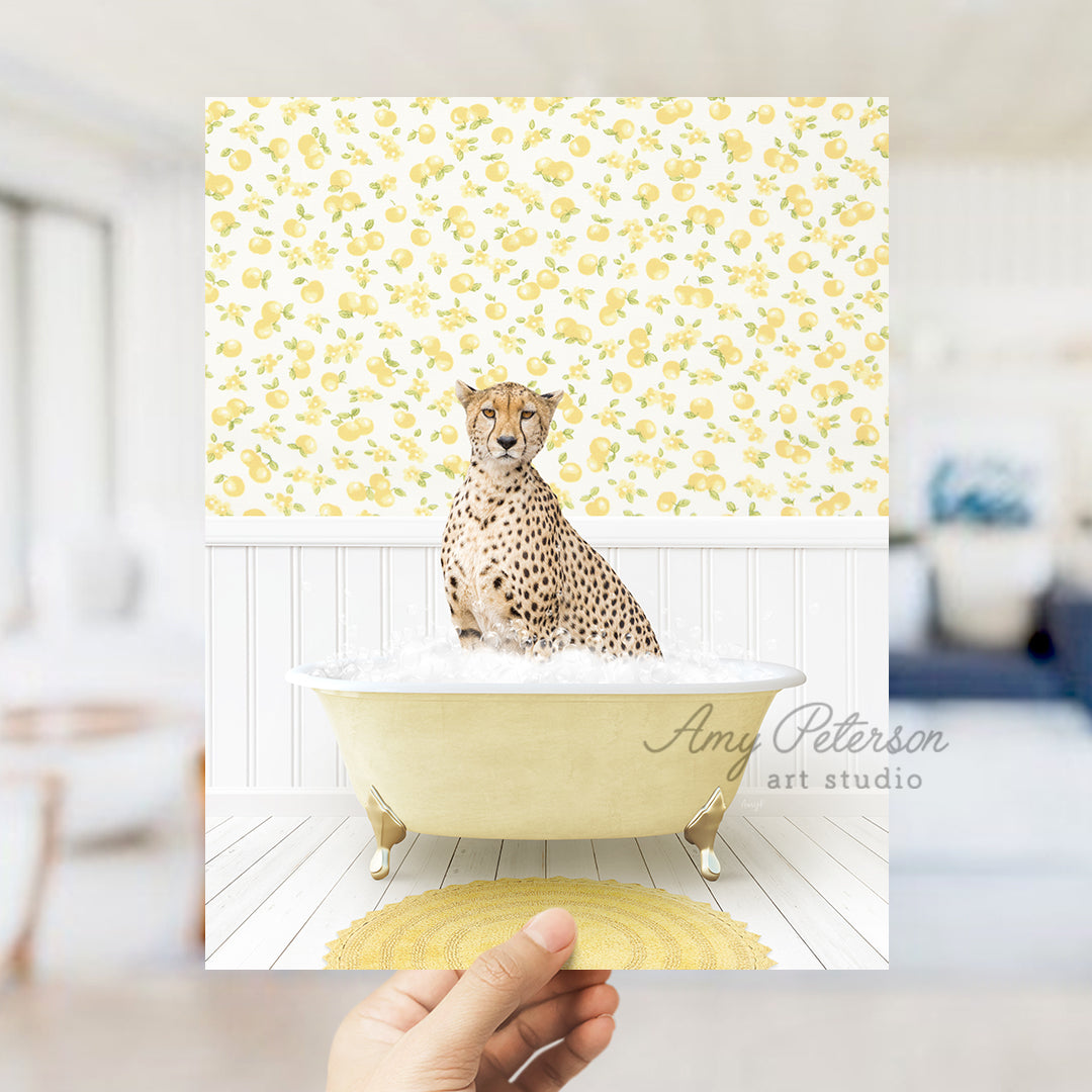 a cheetah sitting in a bathtub in a room