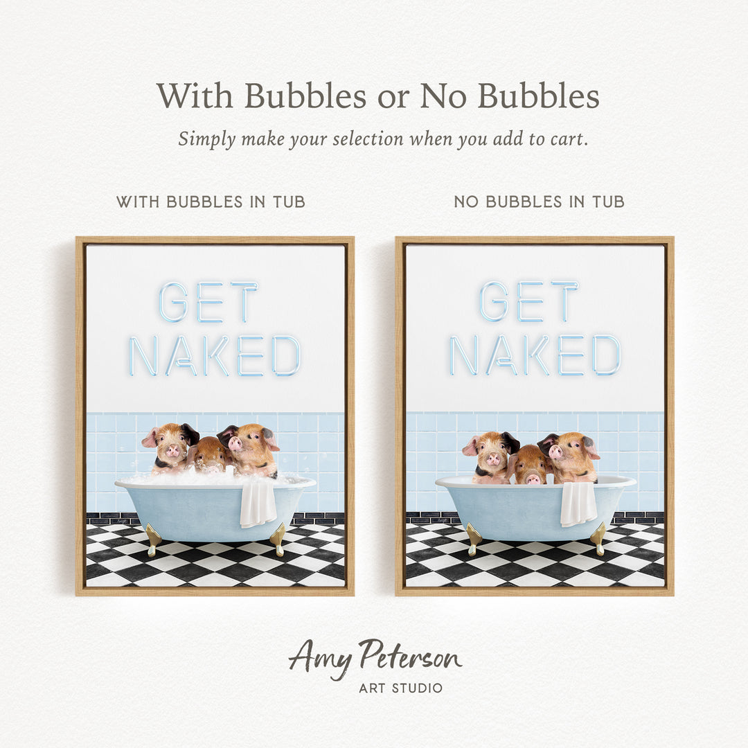 The image is a framed print featuring a humorous and playful illustration of a bathtub with a group of animals, including hamsters and guinea pigs, sitting in it. The text above the image reads "With Bubbles or No Bubbles" and below it, "Simply make your selection when you add to cart." The text on the right side of the image says "NO Bubbles IN TUB" and on the left side, "WITH Bubbles IN TUB." The artist's name, Amy Peterson, is also mentioned at the bottom of the image.