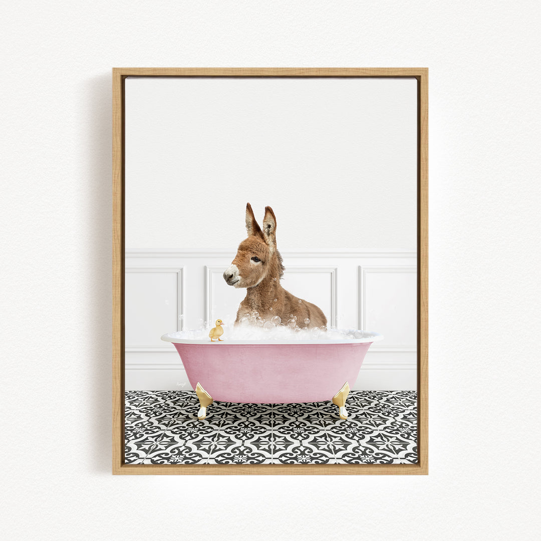 A donkey is sitting in a pink bathtub filled with water, surrounded by a patterned floor and a white wall.