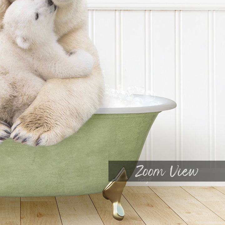 A polar bear sitting in a green bathtub, with another polar bear sitting on top of it.
