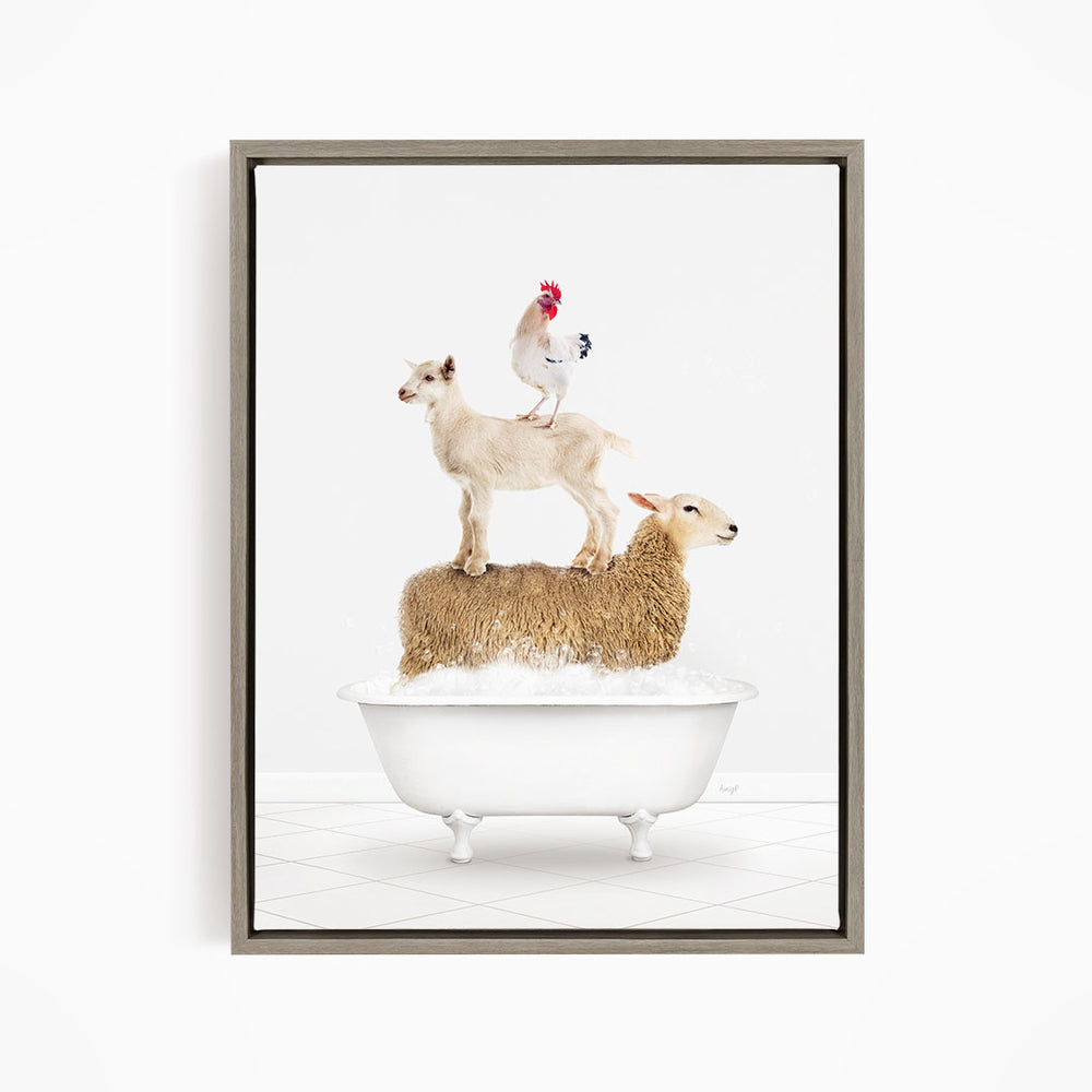 A framed image depicting a white bathtub filled with water, with a goat standing on top of a sheep and a rooster perched on a lamb.