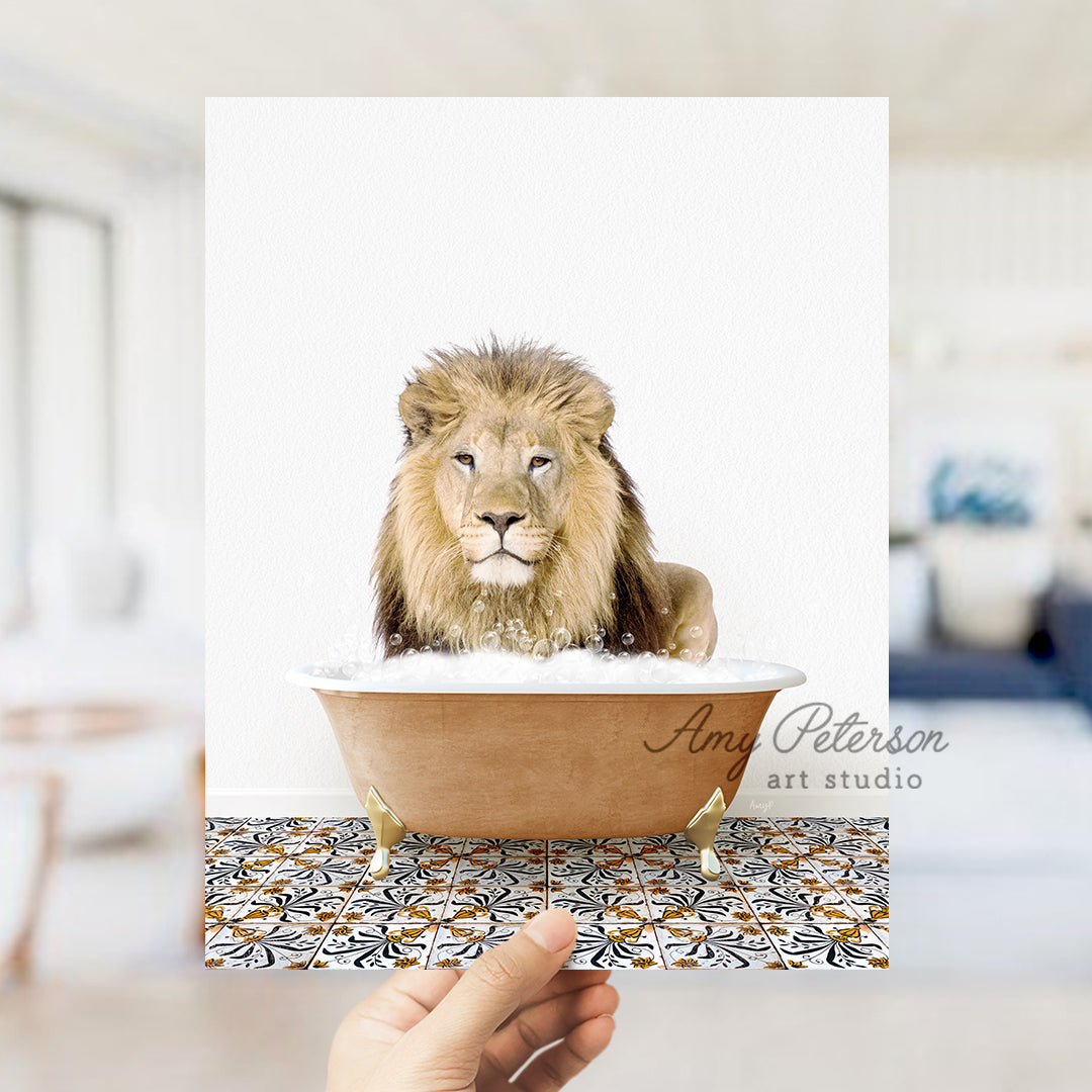 a hand holding a card with a lion in a bathtub