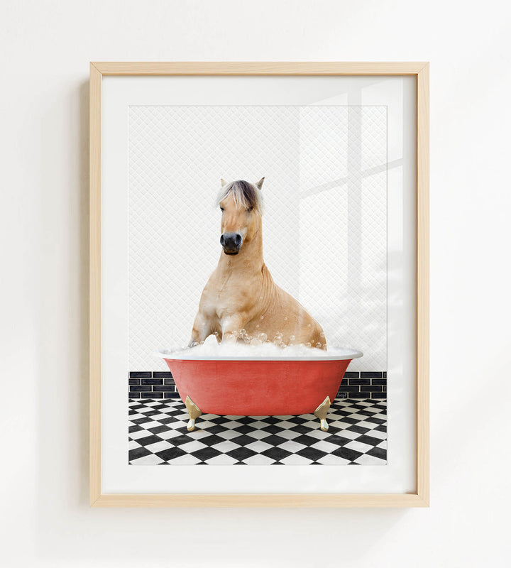 A light brown horse sitting in a red bathtub filled with water, surrounded by a black and white checkered floor.