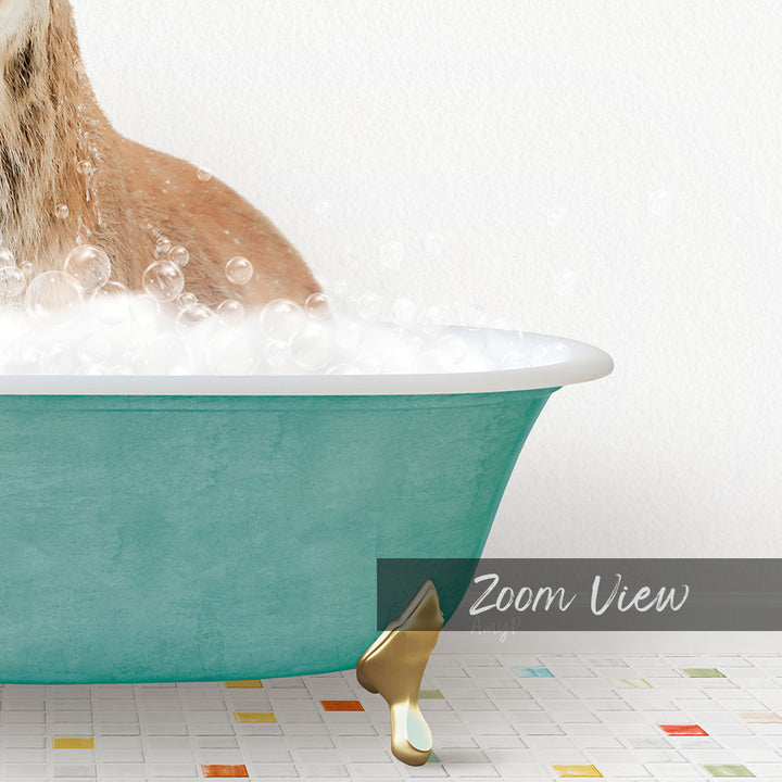A cat is sitting in a green bathtub filled with bubbles, enjoying a relaxing bath.