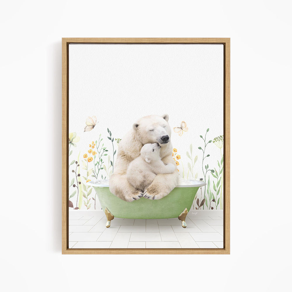 A polar bear sitting in a green bathtub surrounded by flowers and butterflies.