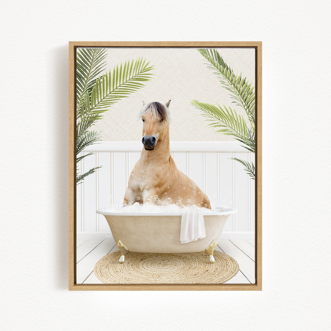 A horse sitting in a bathtub filled with water, surrounded by palm leaves.