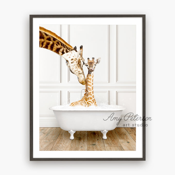 two giraffes sticking their heads into a bathtub