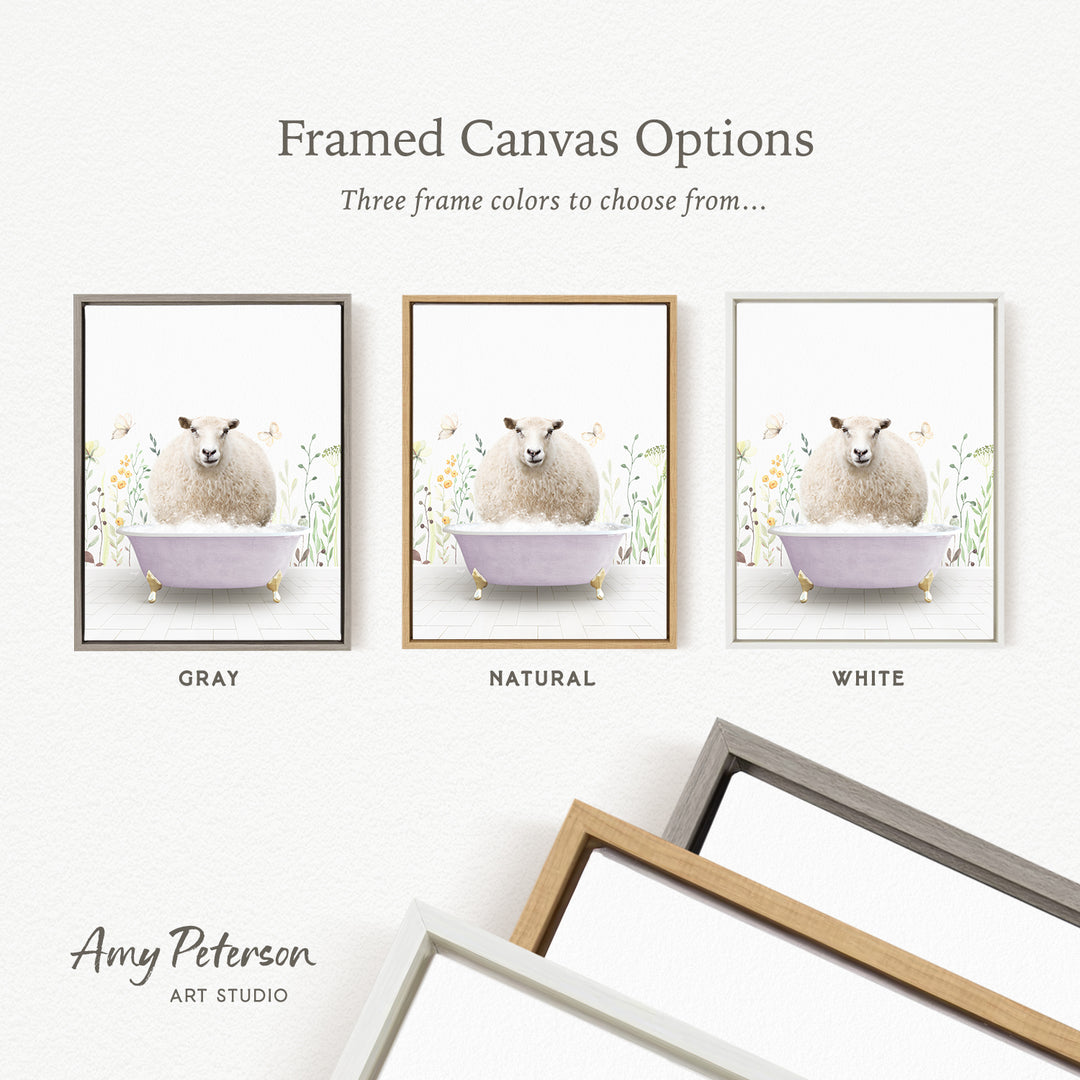 three framed canvas options featuring a sheep in a bathtub, with three different frame colors to choose from: gray, natural, and white.