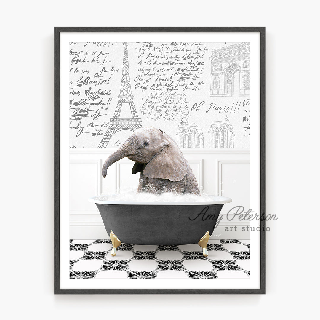 an elephant in a bathtub with the eiffel tower in the background