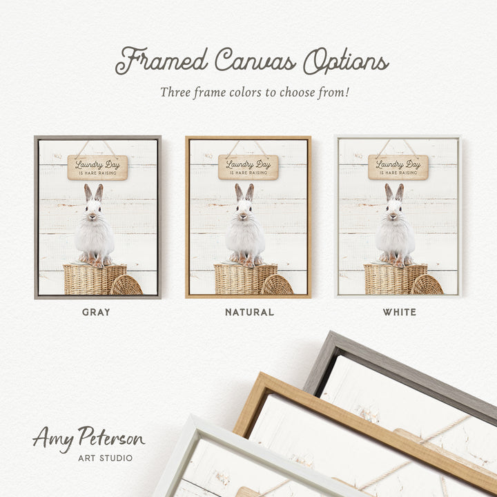 three framed canvas options for a laundry day theme, featuring a white rabbit sitting in a basket. The options include a gray, a natural, and a white frame.