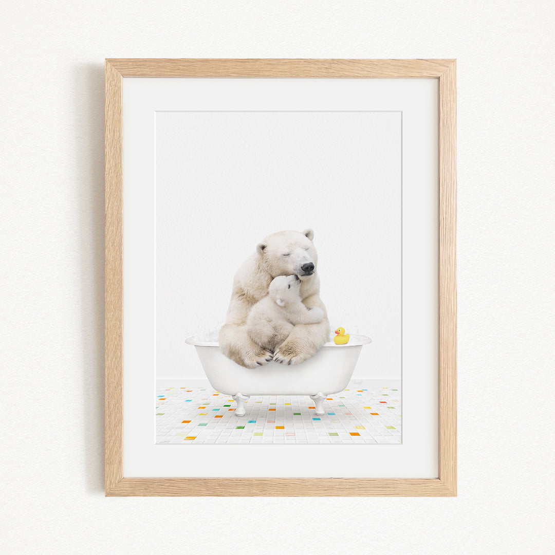 A polar bear and a cub are sitting together in a bathtub, with a rubber duck floating nearby.