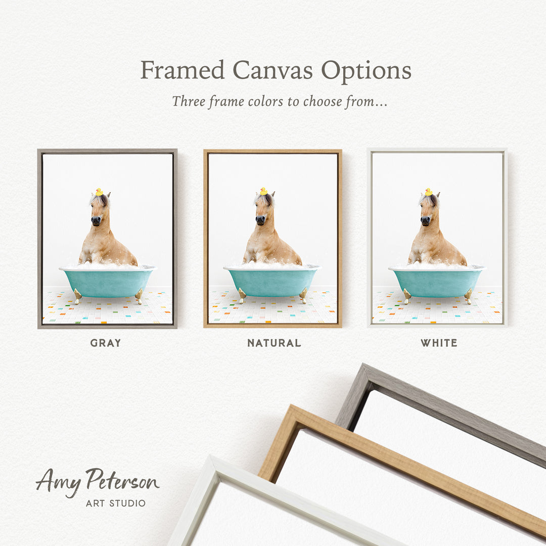 three framed canvas options, each featuring a horse sitting in a bathtub. The options include a gray, a natural, and a white frame.