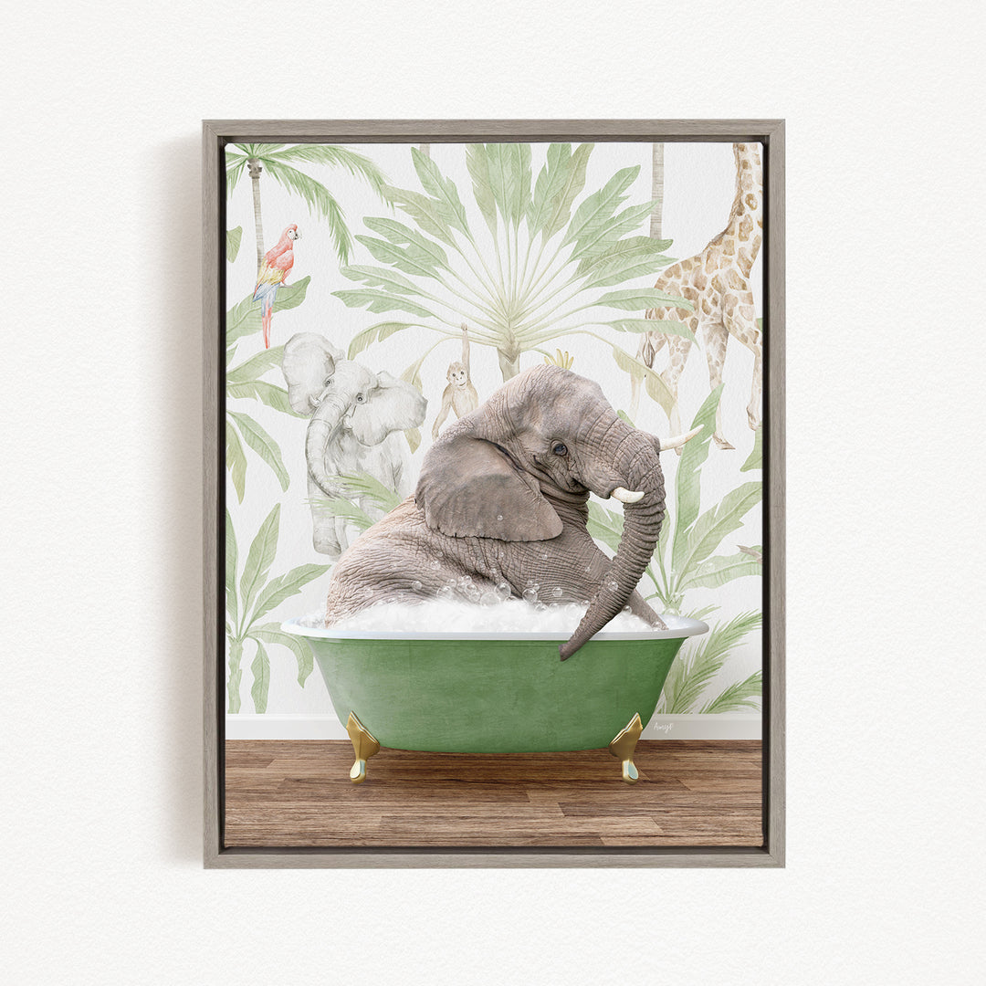 A framed image depicting an elephant sitting in a green bathtub, surrounded by tropical foliage and other animals.