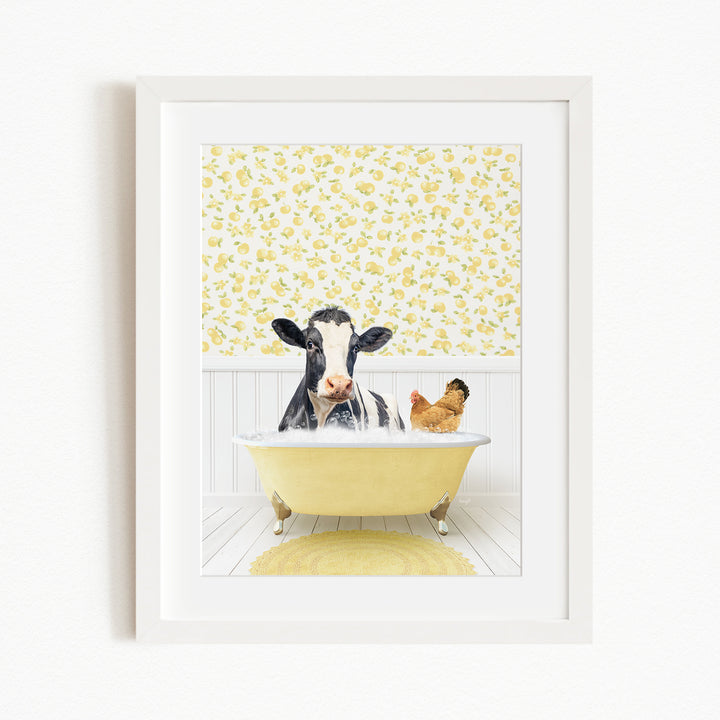 A black and white cow is sitting in a yellow bathtub, surrounded by a chicken and a rooster, against a yellow and white floral wallpaper.