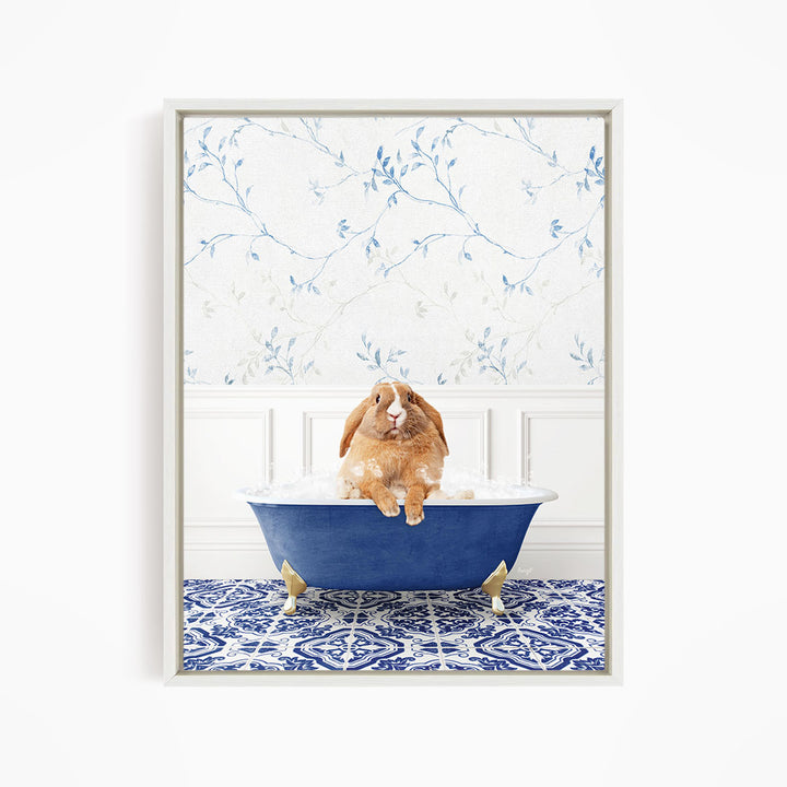 A brown rabbit sitting in a blue bathtub filled with water, surrounded by a blue and white patterned floor.