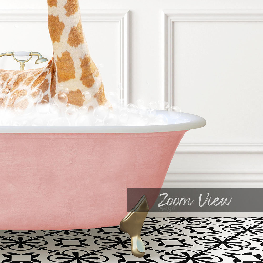 A giraffe is standing in a pink bathtub filled with bubbles, with a white wall and a patterned floor in the background.