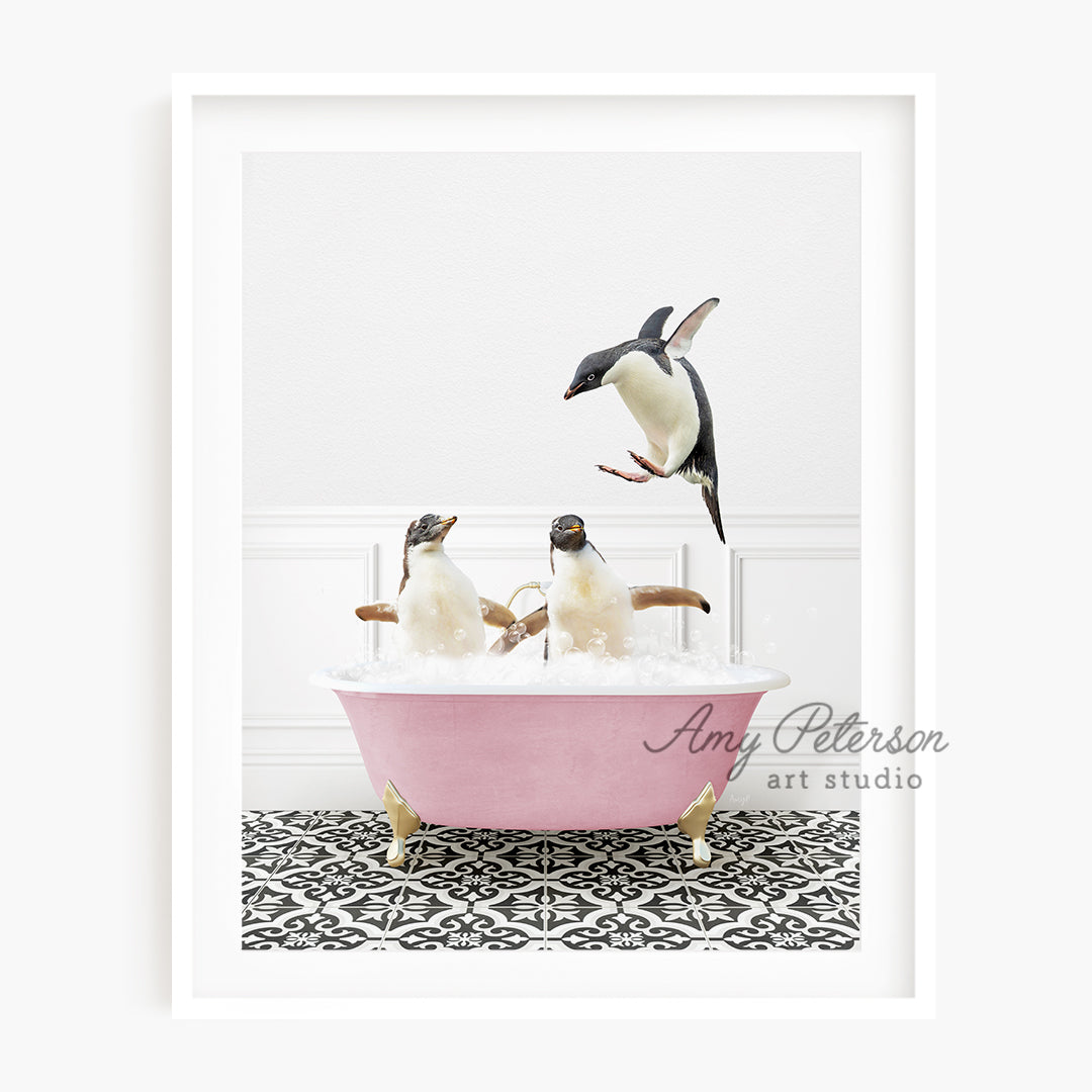 a group of penguins sitting in a bathtub