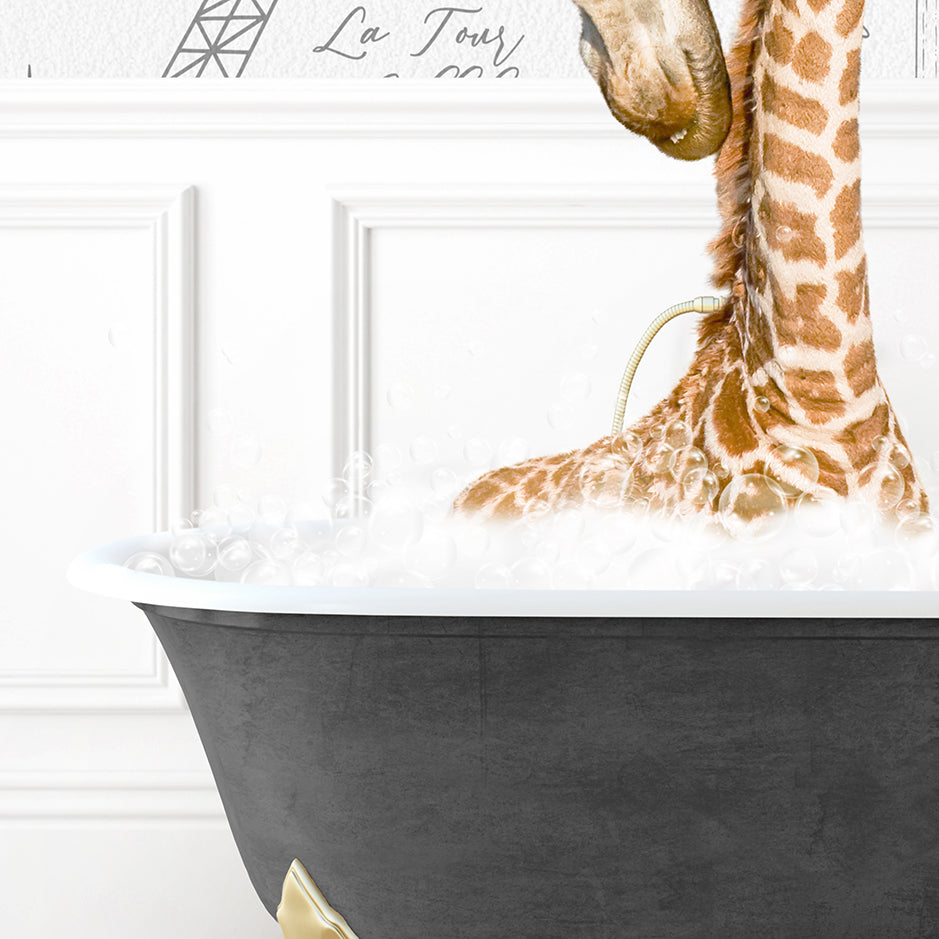 a baby giraffe in a bath tub with bubbles