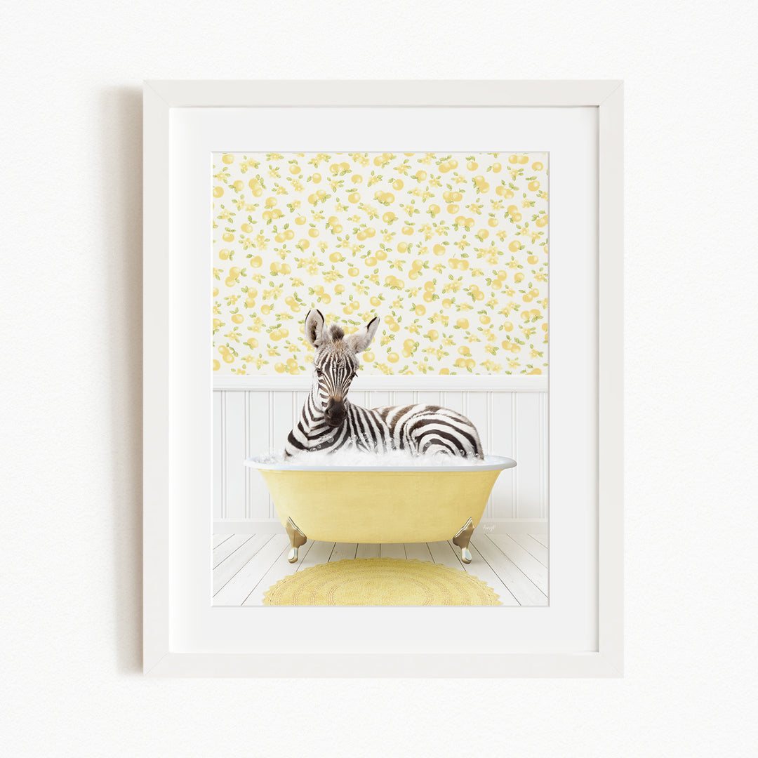 A zebra is sitting in a yellow bathtub, surrounded by a yellow and white floral pattern on the wall behind it.