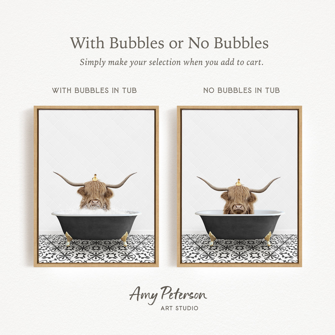 The image is a collage of two framed pictures, each depicting a cow with horns in a bathtub. The cow in the bathtub has bubbles, while the other cow does not have bubbles. The collage is titled "With Bubbles or No Bubbles" and is created by Amy Peterson from Art Studio.