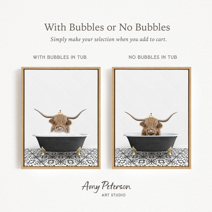 The image is a collage of two framed pictures, each depicting a cow with horns in a bathtub. The cow in the bathtub has bubbles, while the other cow does not have bubbles. The collage is titled "With Bubbles or No Bubbles" and is created by Amy Peterson from Art Studio.