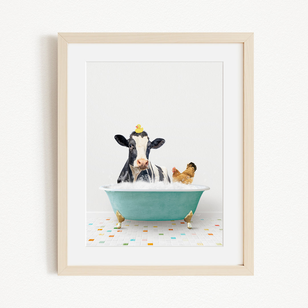 A black and white cow is sitting in a green bathtub, surrounded by a chicken and a duck, all enjoying a bath together.