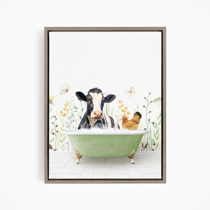 A cow is sitting in a green bathtub filled with water, surrounded by flowers and butterflies, creating a whimsical and charming scene.