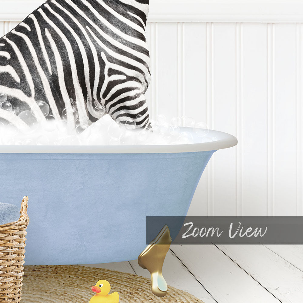 A zebra standing in a blue bathtub filled with water, surrounded by rubber ducks and a basket.