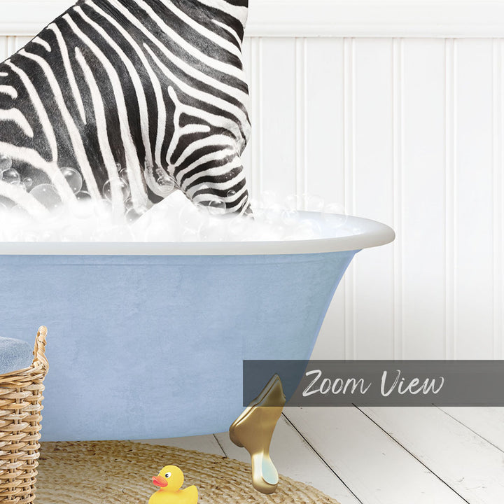 A zebra standing in a blue bathtub filled with water, surrounded by rubber ducks and a basket.