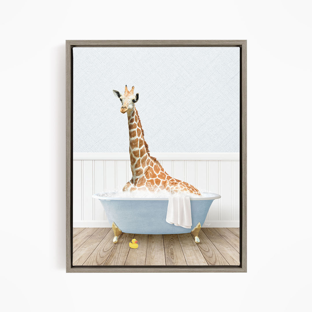 A giraffe sitting in a blue bathtub filled with water, surrounded by rubber ducks.