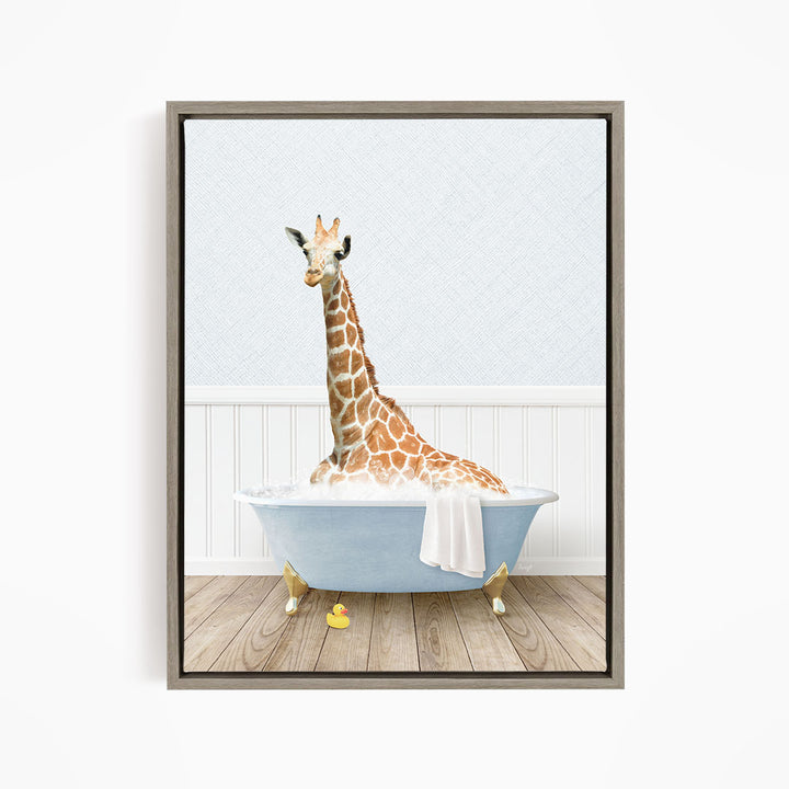 A giraffe sitting in a blue bathtub filled with water, surrounded by rubber ducks.