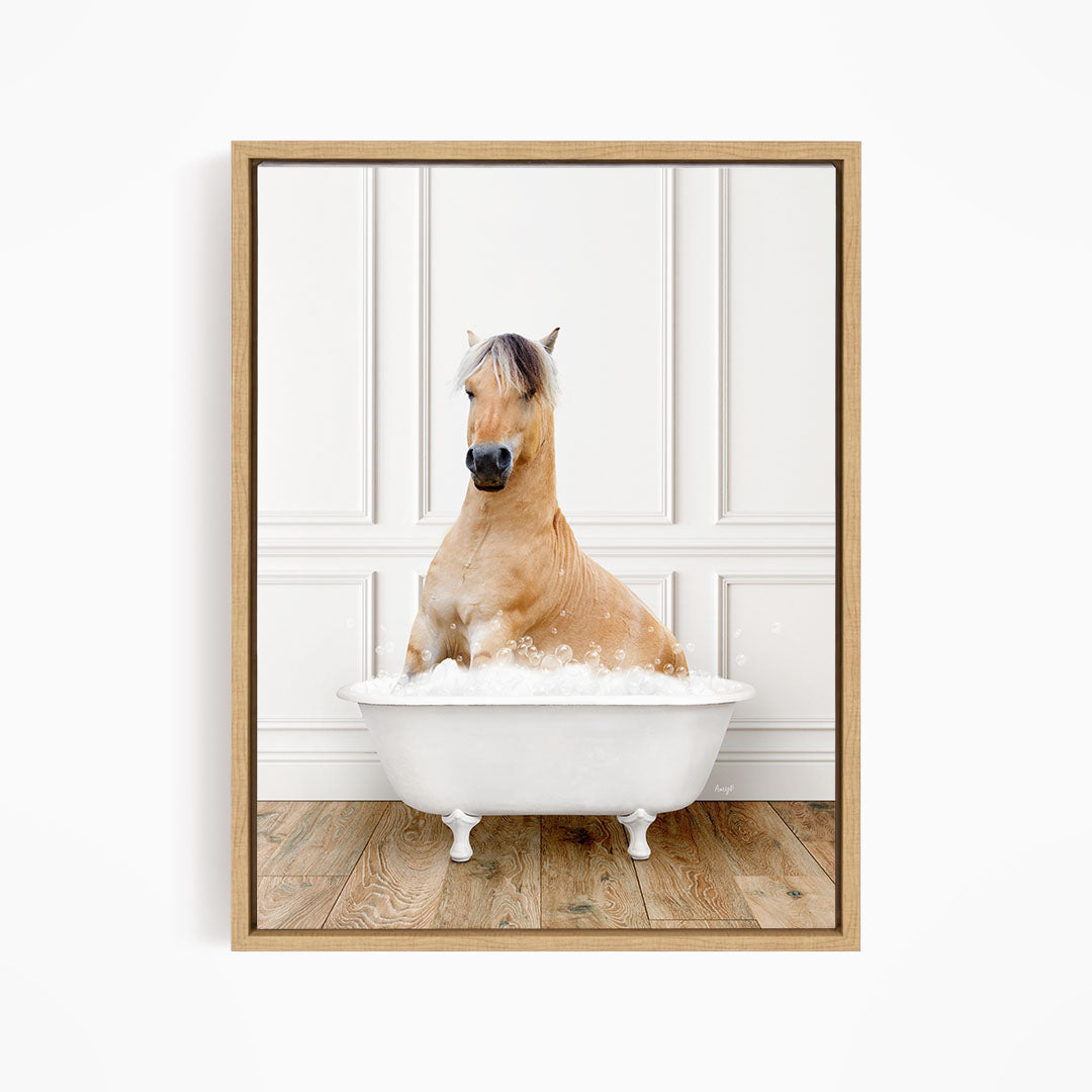A brown horse sitting in a white bathtub filled with water, creating a whimsical and playful scene.