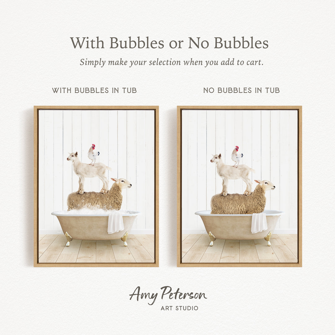 The image is a collage of two framed pictures, each depicting a sheep standing on a tub of water with bubbles, and a chicken standing on a sheep in a tub without bubbles. The text above the images reads "With Bubbles or No Bubbles Simply make your selection when you add to cart."
