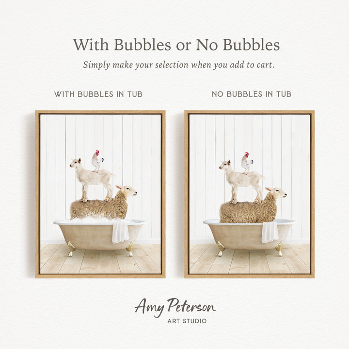 The image is a collage of two framed pictures, each depicting a sheep standing on a tub of water with bubbles, and a chicken standing on a sheep in a tub without bubbles. The text above the images reads "With Bubbles or No Bubbles Simply make your selection when you add to cart."