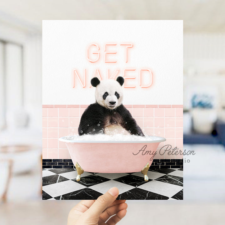 a person holding up a card with a panda in a bathtub