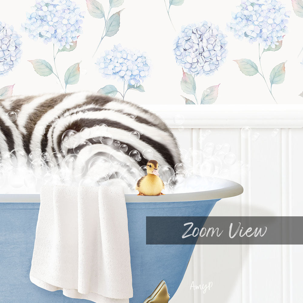 A zebra standing in a blue bathtub filled with bubbles, with a small yellow bird perched on the edge of the tub.