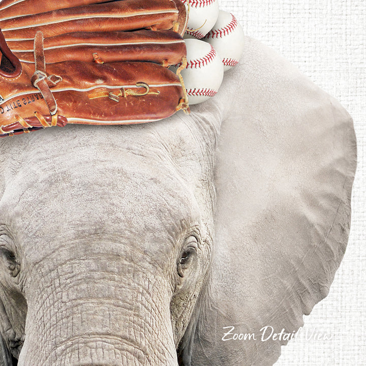 An elephant with baseball gloves on its head, including a brown glove and a pile of white baseballs.