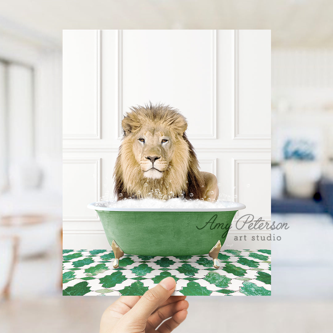 a hand holding a card with a lion in a bathtub