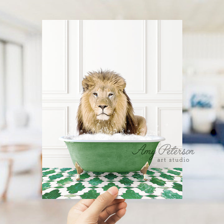 a hand holding a card with a lion in a bathtub