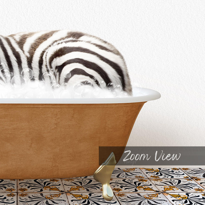 A zebra lying in a bathtub filled with bubbles, surrounded by a patterned tile floor.