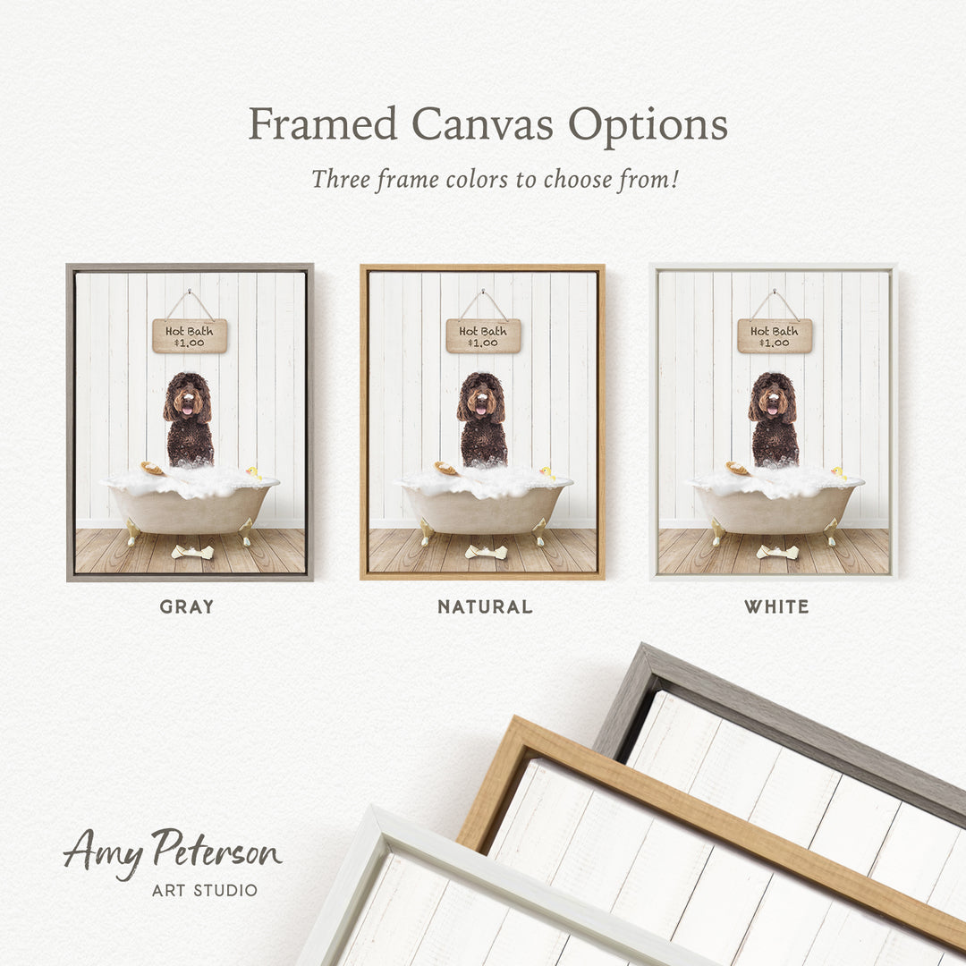 The image is a framed canvas option featuring three different colored frames with a picture of a dog in a bathtub.