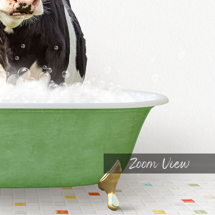 A black and white cow standing in a green bathtub filled with bubbles, with a "Zoom View" label below the image.