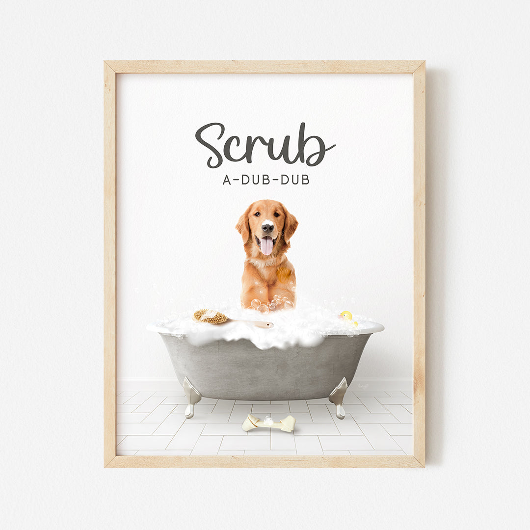 a picture of a dog in a bathtub with the words scrubb above it