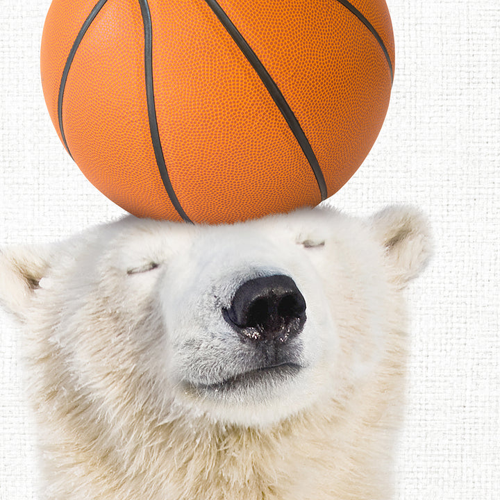 a polar bear balancing a basketball on his head